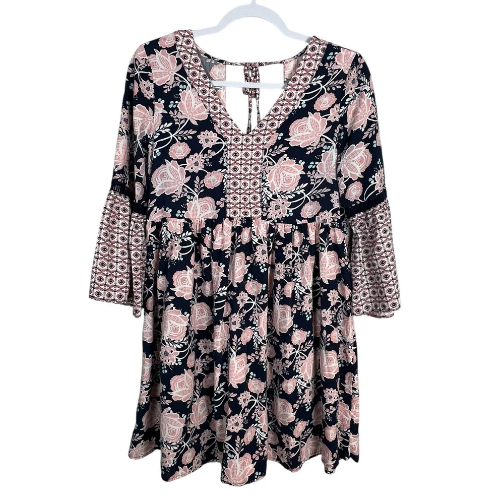 True Craft Floral Mini Babydoll Dress Medium Bell Sleeve Navy Pink
